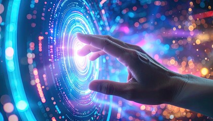 Close-up of Hand Reaching Glowing Virtual Interface