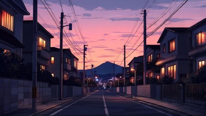 Peaceful residential street at dusk with power lines and mountains in background