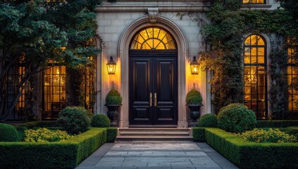 Fototapeta premium Grand entrance of a stately home at twilight