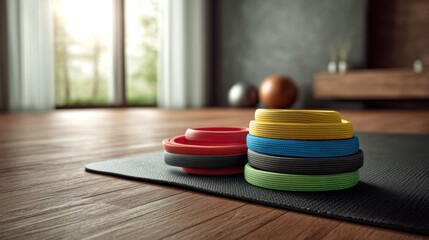 Aesthetic yoga setup showcasing colorful resistance bands for home workouts on a mat