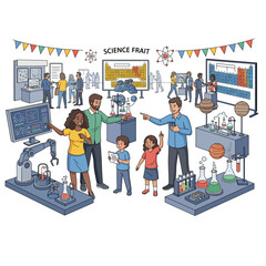 Family Visiting a Science Fair Vector Illustration for Education