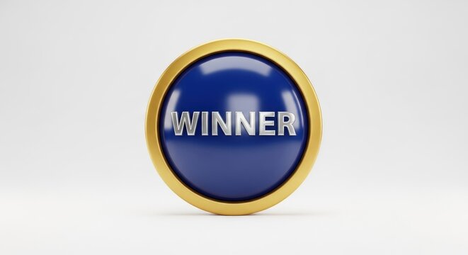 Gold-rimmed, deep-blue button displaying "WINNER" in metallic silver
