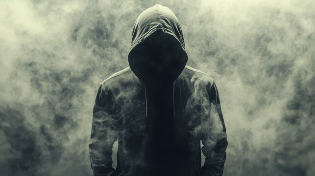 Mysterious Figure in Hooded Jacket Surrounded by Thick Smoke
