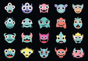 A colorful collection of adorable fictional creatures with big eyes and unique features displayed against a dark background