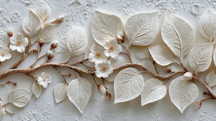 Ornate, white floral relief on textured background