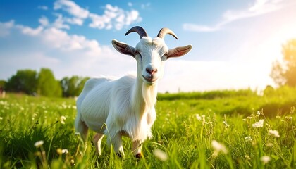 Obraz premium A charming white goat stands in a vibrant green meadow under a bright, sunny sky.
