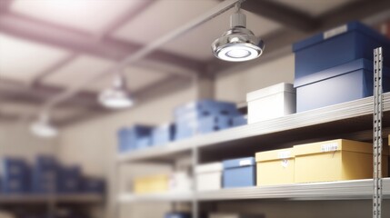 Neatly arranged shelves with various boxes in blue, white, and yellow,