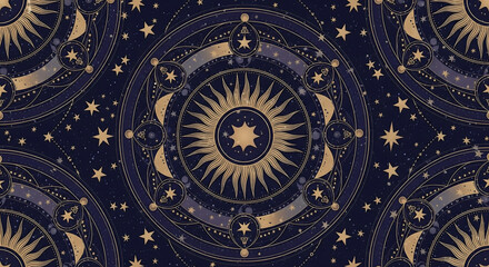 Fototapeta premium Discover celestial magic with this stunning golden sun and starry night celestial pattern, perfect for mystical backgrounds and cosmic designs