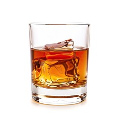 A clear glass tumbler filled with amber liquid and a single ice cube