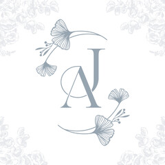 Elegant AJ Monogram Embellished with Ginkgo Leaves Floral Frame