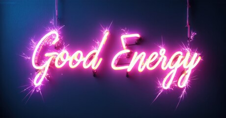 Bright pink neon sign displays Good Energy. Dark background creates strong contrast, vibrant illumination. Simple, modern aesthetic.