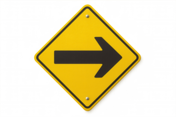 Right turn only yellow road sign with black arrow pointing right isolated on transparent background