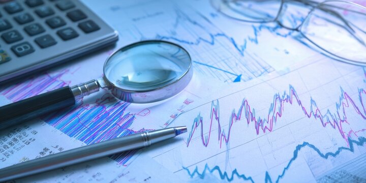 The magnifying glass highlighting financial data and analysis tools on a desk. - Powered by Adobe