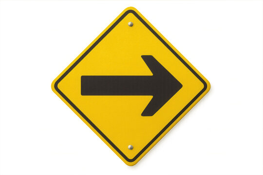 Right turn only yellow road sign with black arrow pointing right isolated on transparent background - Powered by Adobe