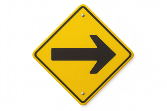 Right turn only yellow road sign with black arrow pointing right isolated on transparent background