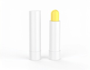 Blank white lip balm tube with yellow chapstick, open and closed mockup isolated on white background.