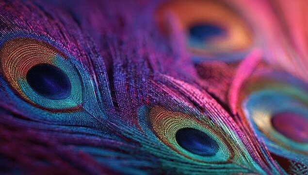 Close-up vibrant peacock feather textures