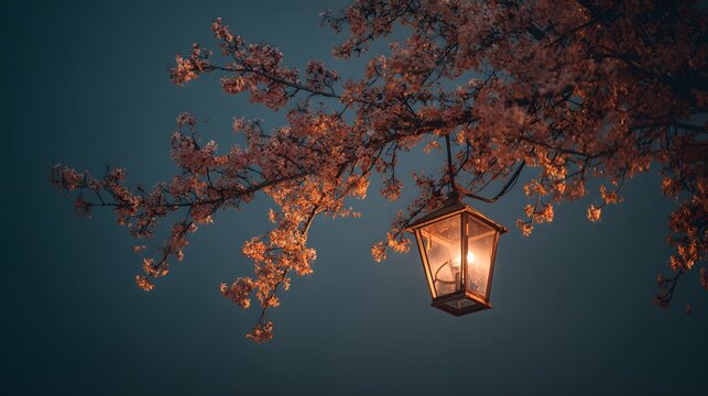 Night blossom tree with lantern light photography for desktop wallpaper and phone background aesthetic