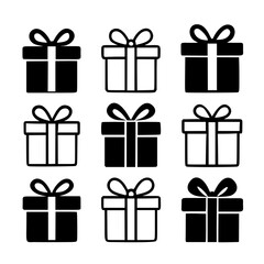 Set of black and white gift box icons with ribbon bows, minimalist flat and outline present designs