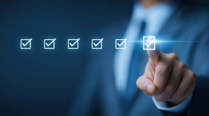 Planning and To-Do List – Professional Pointing to Glowing Checkboxes, Step-by-Step Process Concept, Clean Background