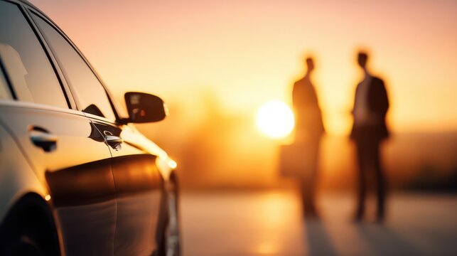 Executive car parked with professionals engaged in a business conversation