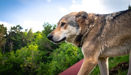 Fototapeta premium A captivating profile of a large, mixed-breed dog, showcasing its striking coat against a backdrop of lush, verdant forest foliage under a partly cloudy sky.