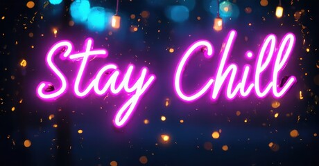 Bright pink neon sign displays Stay Chill. Background features blurred lights, creating vibrant atmosphere. Festive, modern design.