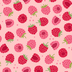 Seamless pattern with raspberries on a beige background. Vector graphics.