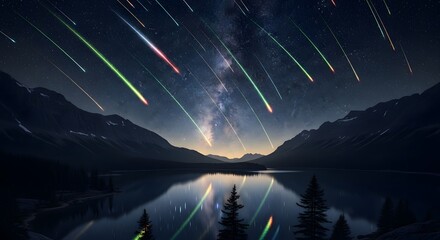 Spectacular Night Sky: Colorful Meteors Shower Over Tranquil Lake Surrounded by Mountains, Reflecting Stars and Natural Beauty.