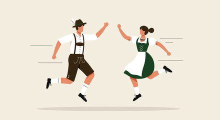 A dynamic flat design illustration capturing two figures in traditional Bavarian attire performing the energetic Schuhplattler folk dance