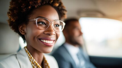 Fototapeta premium Stylish businesswoman and businessman in conversation during car ride