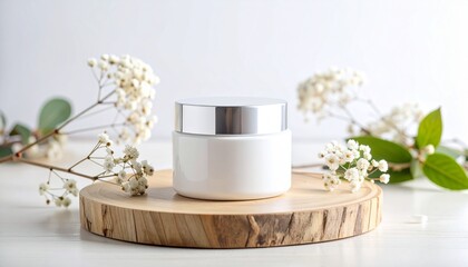 White Cream Jar Mockup with Flowers on Wooden Slice