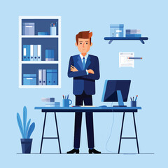 Confident Businessman Standing in Modern Office with Arms Crossed. Flat Vector Illustration Concept
