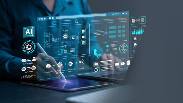AI workflow automation artificial intelligence software interface nodes triggers data tool dashboard coding icon flow process technology. AI agent, data processing, human-machine interaction. RPA. - Powered by Adobe