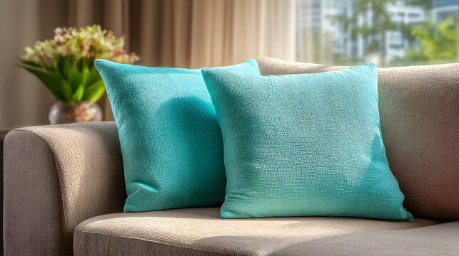 Elegant turquoise pillows on a modern sofa enhancing interior design appeal