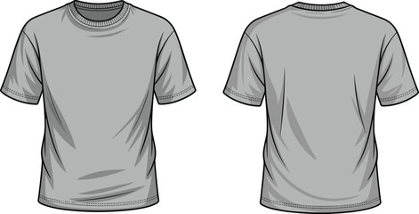 CAD drawing flat vector illustration of grey t-shirt, front and back views, clean layout, stitching detail, fashion sketch, garment blueprint, clothing design, apparel template