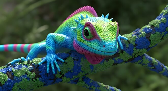 3D Neon Garden Lizard on Branch