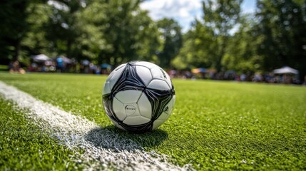 The soccer ball resting on the vibrant green field during a sunny day