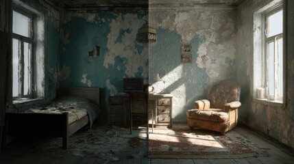 Divided room, sunlit and shadowed