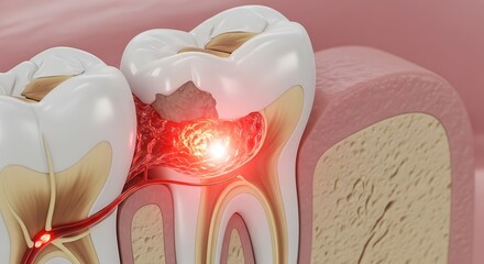 Anatomy of a Toothache - Glowing Red Inflammation in a Decayed Molar Cross-Section.