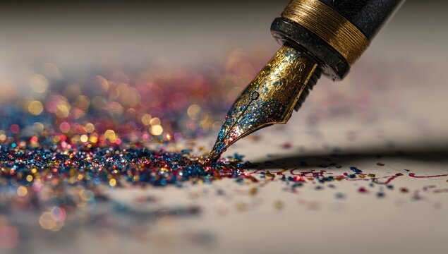 Close-up of a fountain pen writing on glitter