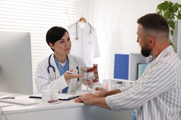 Gastroenterologist with model of large intestine consulting man in clinic