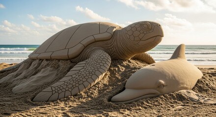Impressive and highly detailed sand sculpture of a sea turtle and a dolphin on a sunny beach with the ocean in the background.
