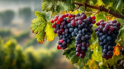 Close-up of ripe grapes on the vine at a vineyard during harvest season