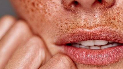 Fototapeta premium Close-up of Woman's Face with Freckles and Glittery Lips