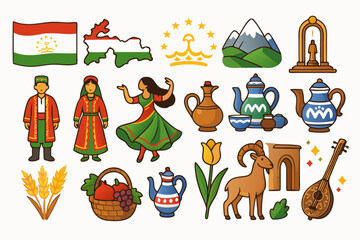 Flat Vector Icons for Tajikistan Independence Day Featuring National Symbols Like Flag, Crown Emblem, Pamir Mountains, Traditional Dress, Harvest Basket, Rubab Instrument, and Fireworks