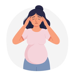 Pregnant woman has headache. Girl pressed her hands to her temples. Problems during pregnancy, symptoms. 