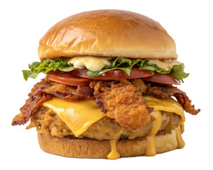 Delicious Crispy Chicken Burger with Bacon Cheese Tomato and Lettuce on Black Background a Mouthwatering Culinary Delight