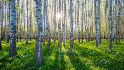 Naklejka premium Vibrant spring birch forest with the sun shining through white tree trunks, creating long shadows on the lush green grass. 