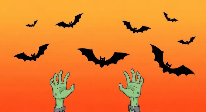 Zombie hands reaching for bats halloween graphic background